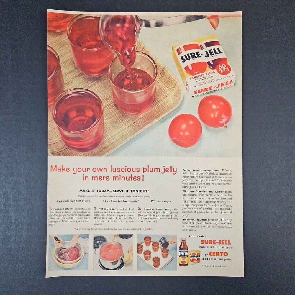 1955 General Foods Sure-Jell Powder Certo Liquid Fruit Pectin Vintage Print Ad